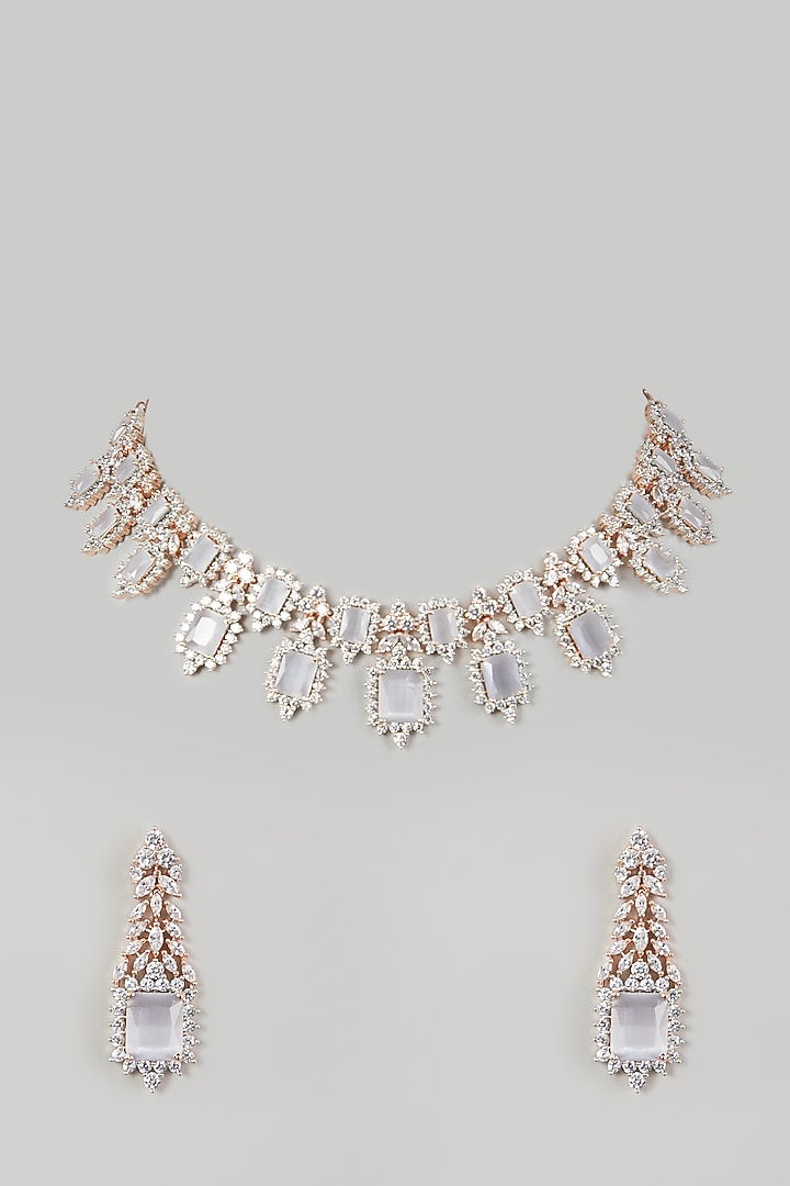 White Finish Necklace Set With Faux Diamonds by Aster at Pernia's Pop Up Shop