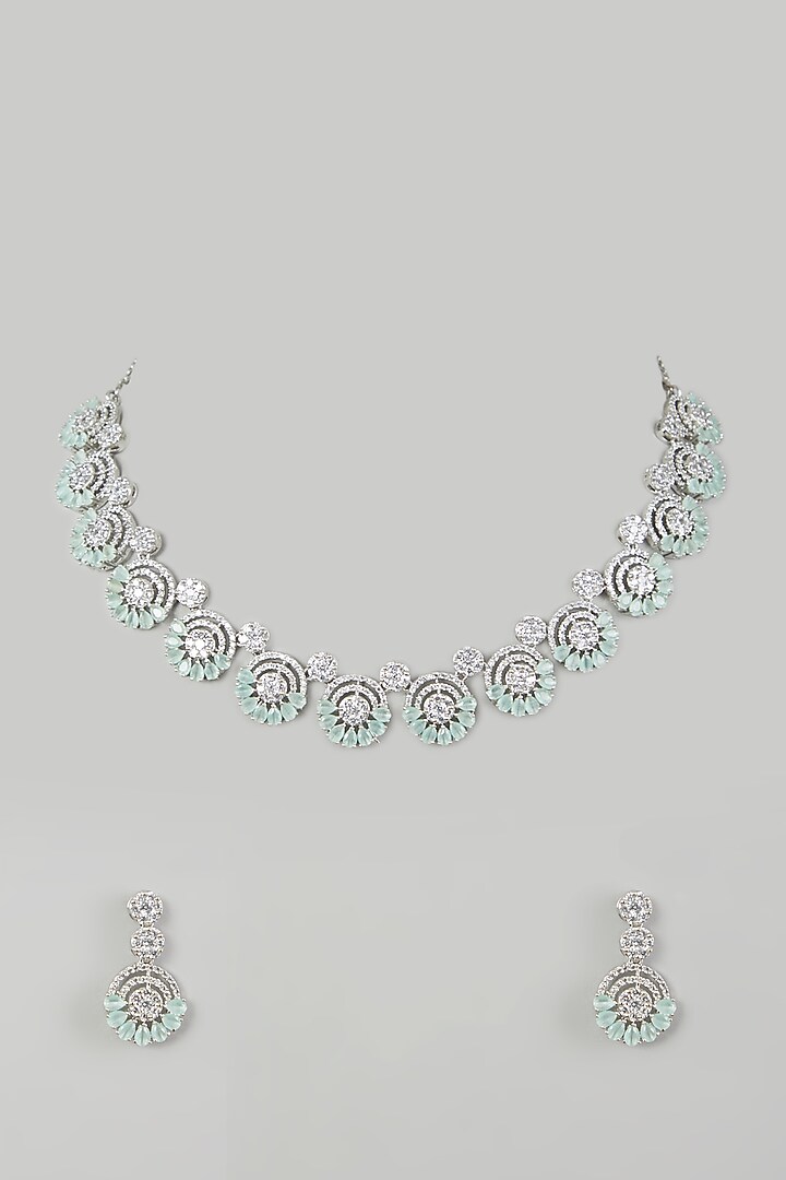 White Finish Aqua Faux Diamond Necklace Set by Aster at Pernia's Pop Up Shop