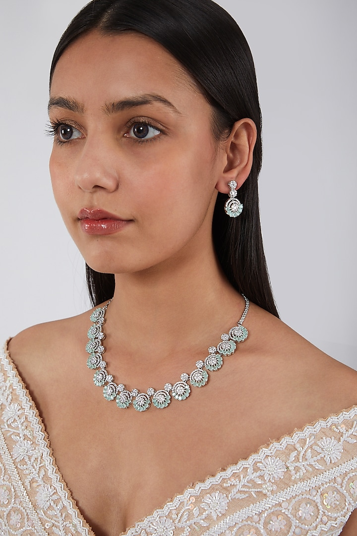 White Finish Aqua Faux Diamond Necklace Set by Aster