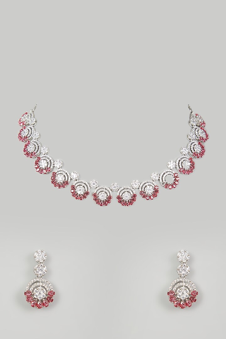 White Finish Red Faux Diamond Necklace Set by Aster at Pernia's Pop Up Shop