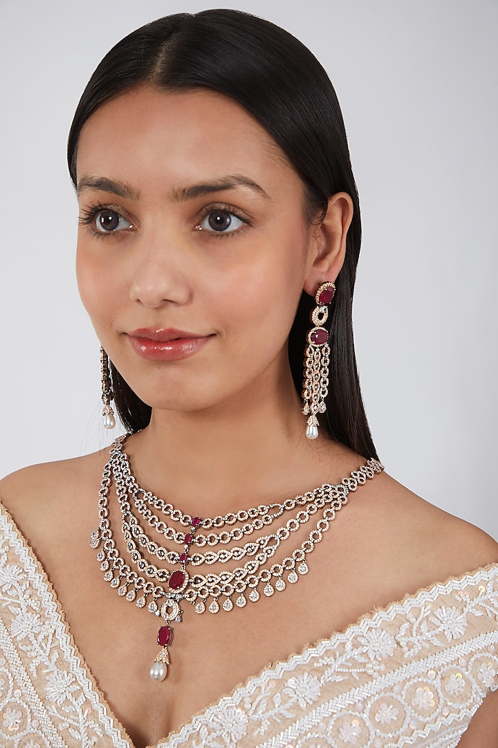 Two Tone Finish Red Zircon Necklace Set by Aster
