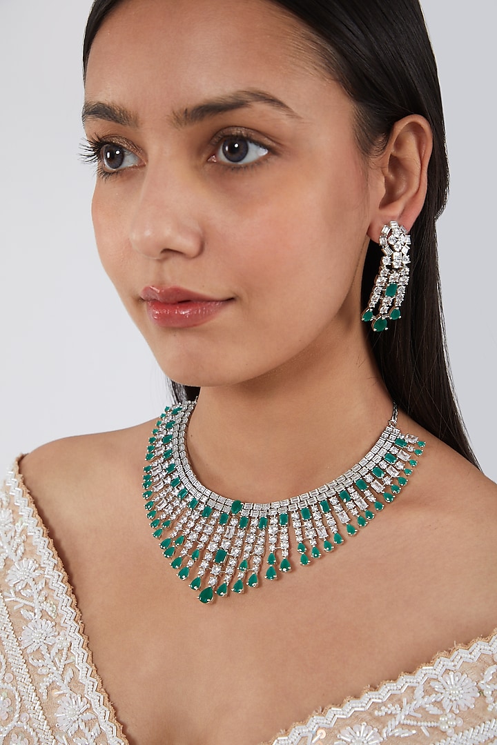 White Finish Green Necklace Set by Aster