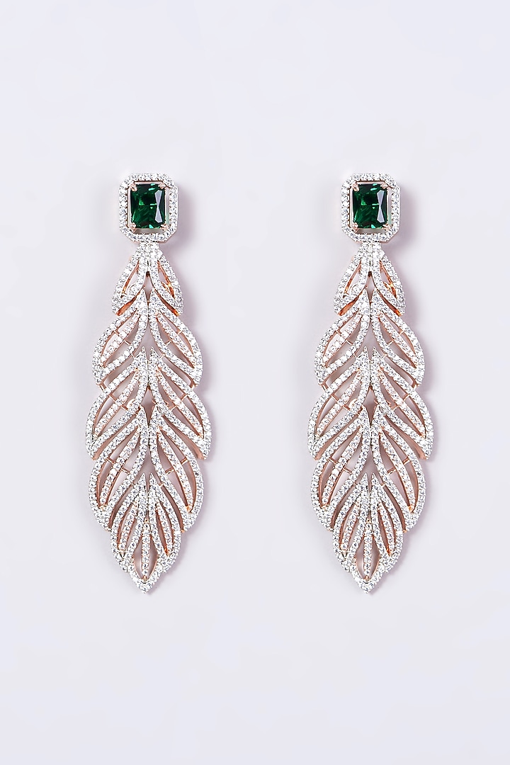 Rose-Gold Finish Zircon & Green Synthetic Stone Leaf Earrings by Aster at Pernia's Pop Up Shop