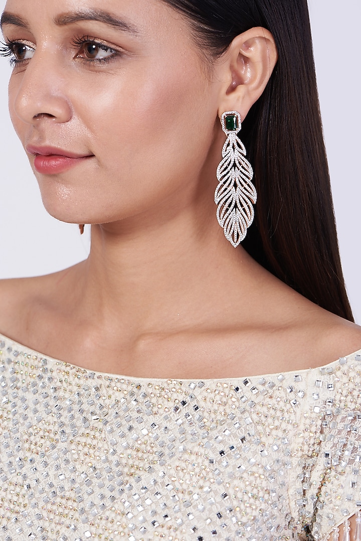 Rose-Gold Finish Zircon & Green Synthetic Stone Leaf Earrings by Aster at Pernia's Pop Up Shop