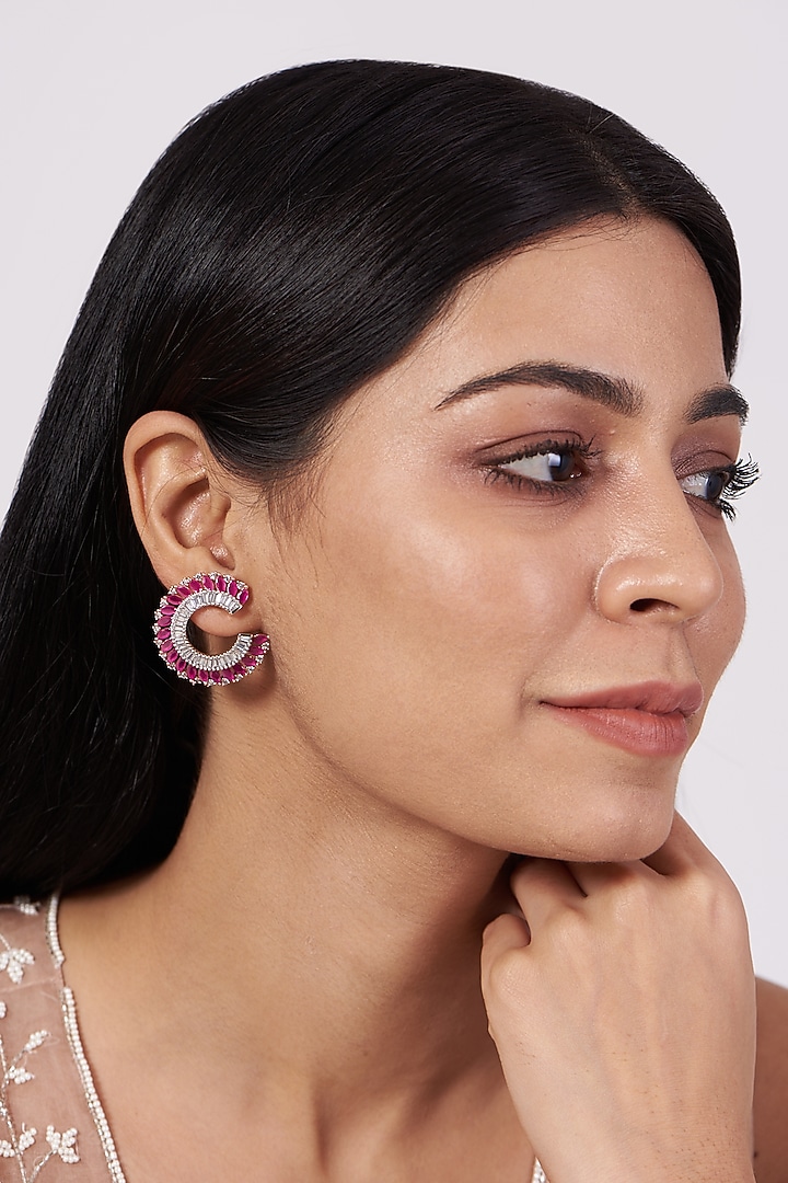 Rose Gold Finish Red Synthetic Stone & Zircon Hoop Earrings by Aster at Pernia's Pop Up Shop