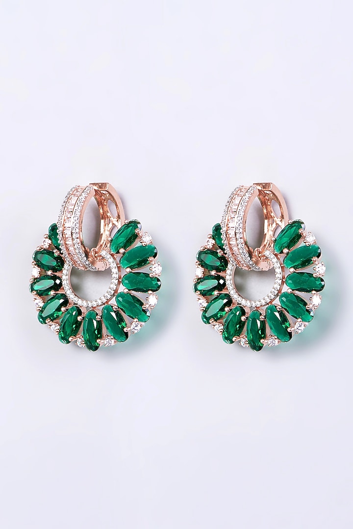 Rose Gold Finish Earrings With Green Synthetic Stones by Aster at Pernia's Pop Up Shop