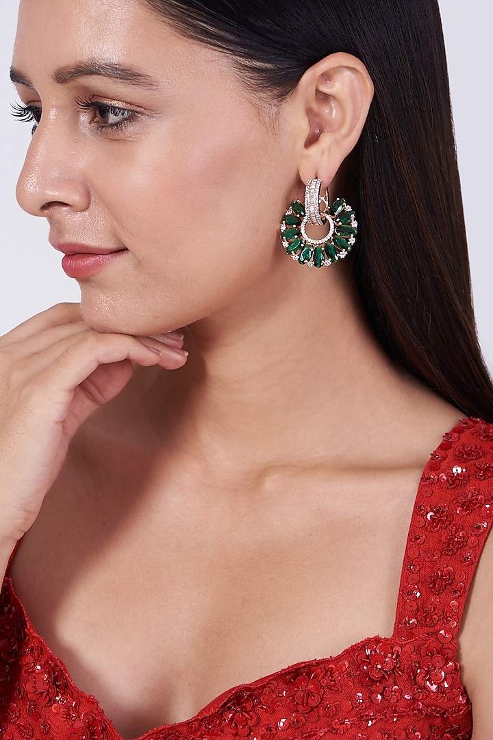 Rose Gold Finish Earrings With Green Synthetic Stones by Aster at Pernia's Pop Up Shop