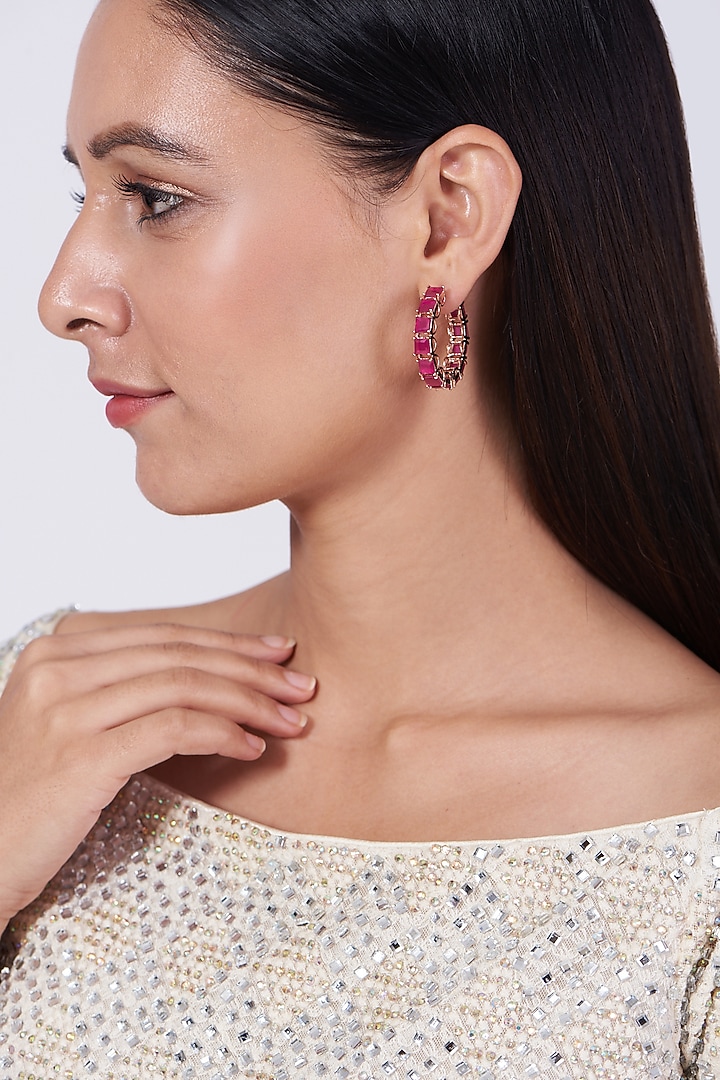 Rose Gold Finish Pink Synthetic Stone Earrings by Aster at Pernia's Pop Up Shop