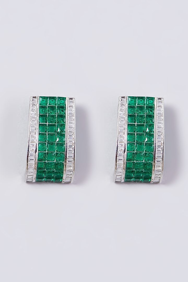 White Finish Green Faux Diamond Stud Earrings by Aster at Pernia's Pop Up Shop
