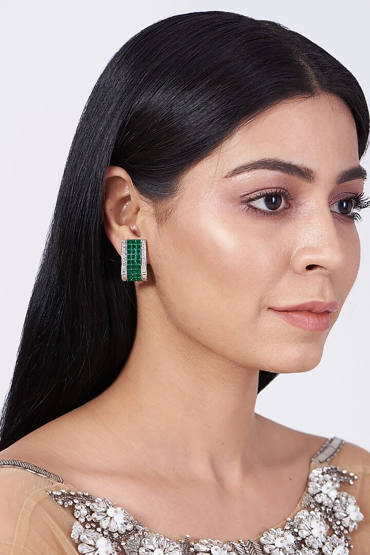 White Finish Green Faux Diamond Stud Earrings by Aster at Pernia's Pop Up Shop