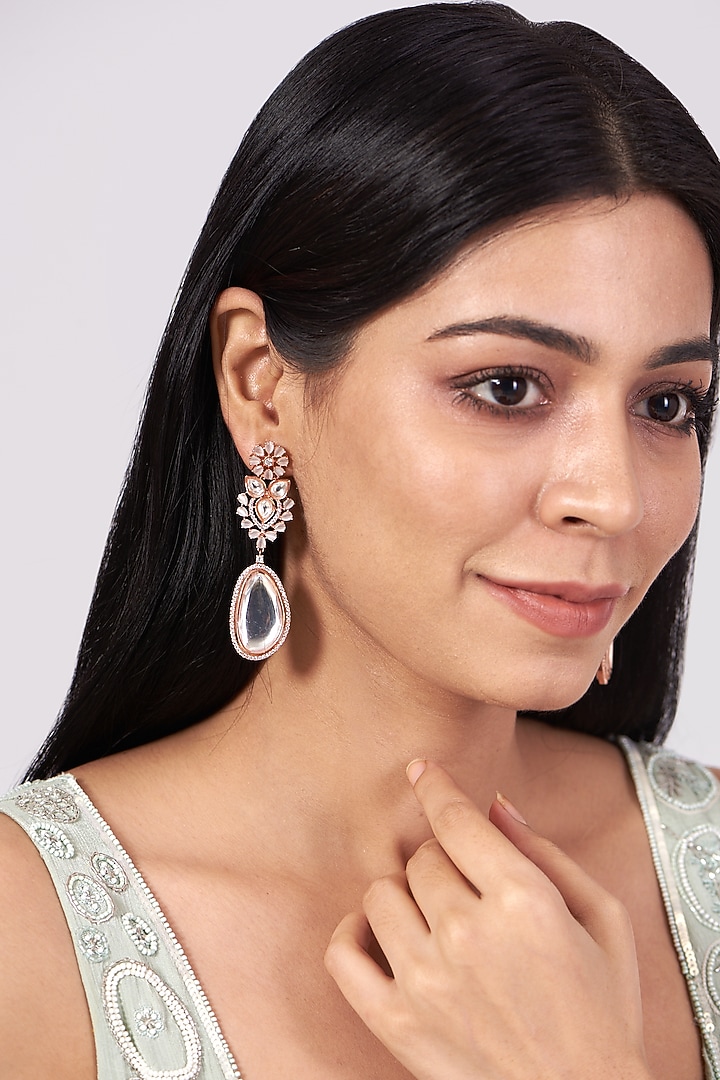 Rose Gold Finish Faux Diamond Dangler Earrings by Aster at Pernia's Pop Up Shop