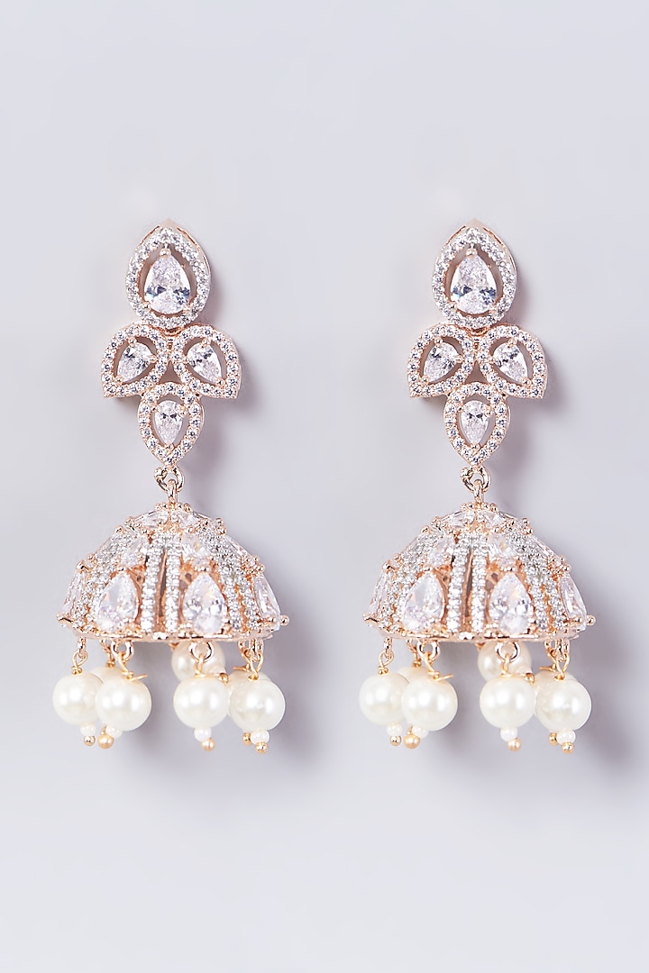 Rose Gold Finish Pearl & Faux Diamond Dangler Earrings by Aster at Pernia's Pop Up Shop