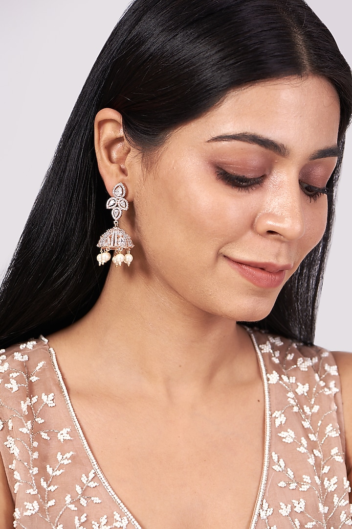 Rose Gold Finish Pearl & Faux Diamond Dangler Earrings by Aster at Pernia's Pop Up Shop