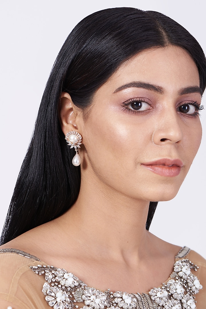 Rose Gold Finish Pearl Stud Earrings by Aster at Pernia's Pop Up Shop