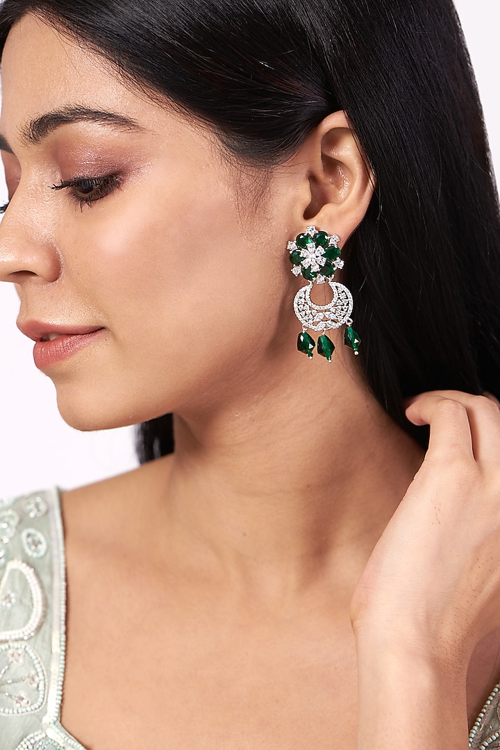 White Finish Green Synthetic Stone Dangler Earrings by Aster at Pernia's Pop Up Shop