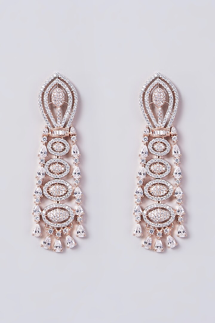 Rose Gold Finish Dangler Earrings With Zircons by Aster at Pernia's Pop Up Shop