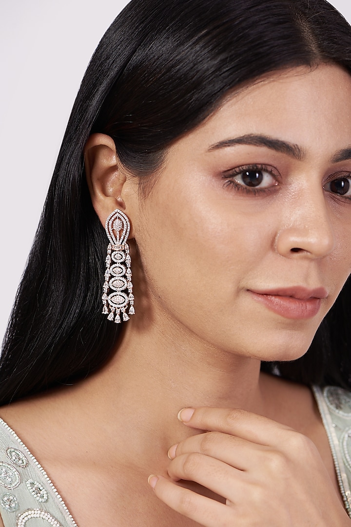 Rose Gold Finish Dangler Earrings With Zircons by Aster