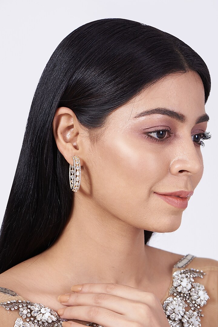 Gold Finish Hoop Earrings With Faux Diamonds by Aster at Pernia's Pop Up Shop