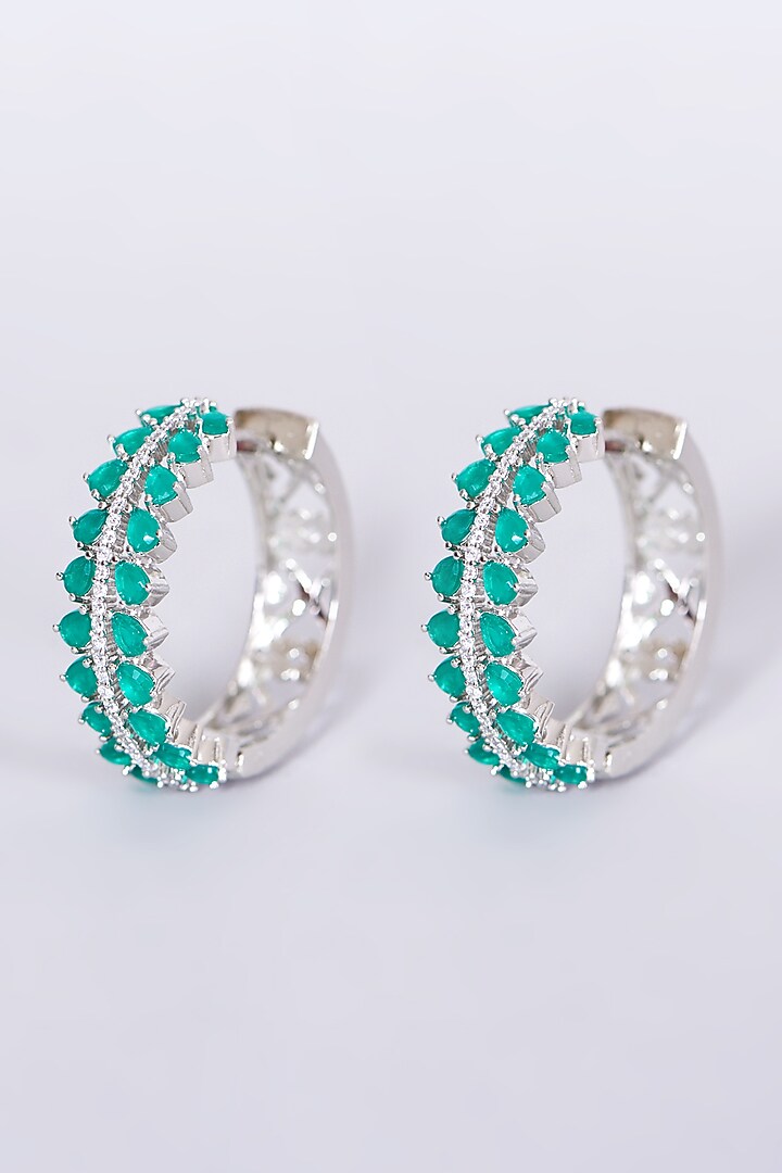 White Finish Synthetic Stone & Zircon Hoop Earrings by Aster at Pernia's Pop Up Shop