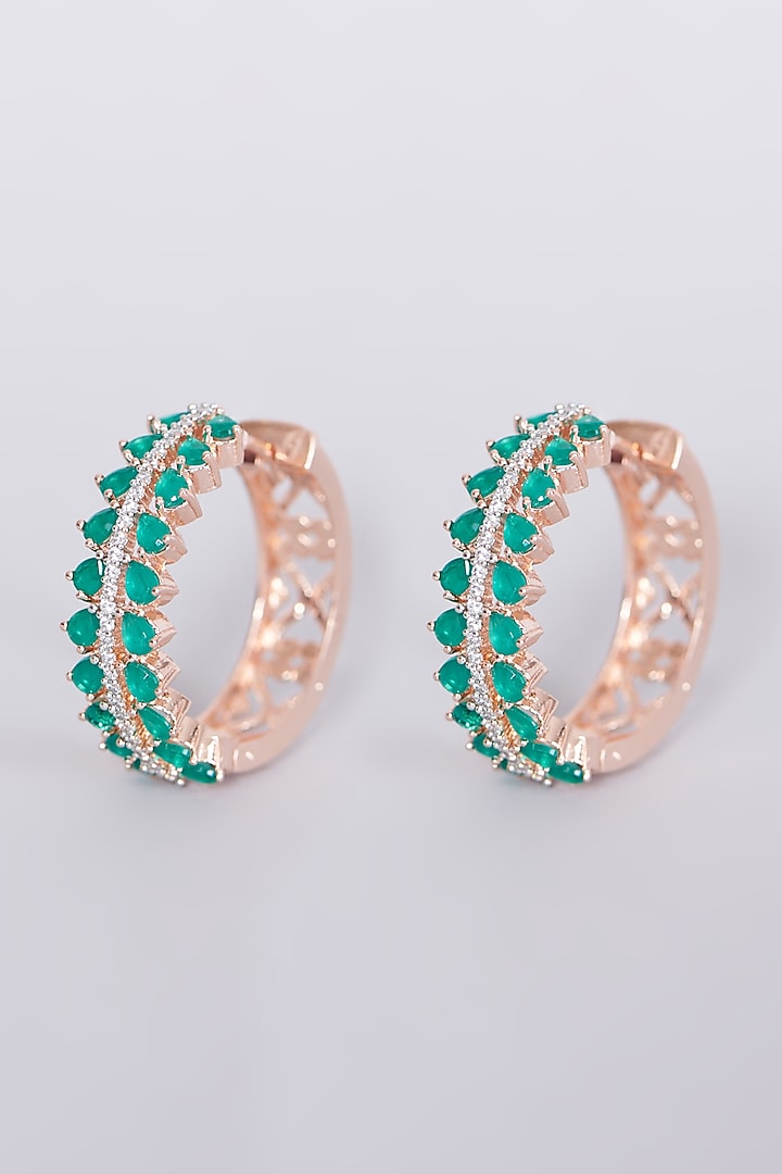 Rose Gold Finish Zircon & Green Synthetic Stone Hoop Earrings by Aster at Pernia's Pop Up Shop