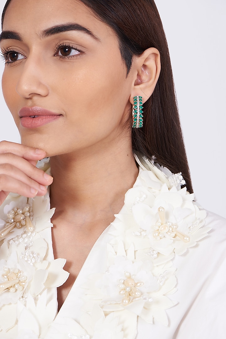 Rose Gold Finish Zircon & Green Synthetic Stone Hoop Earrings by Aster at Pernia's Pop Up Shop