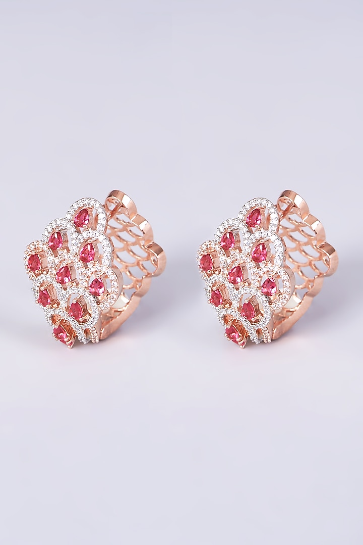 Rose Gold Finish Red Synthetic Stone Hoop Huggies Earrings by Aster at Pernia's Pop Up Shop