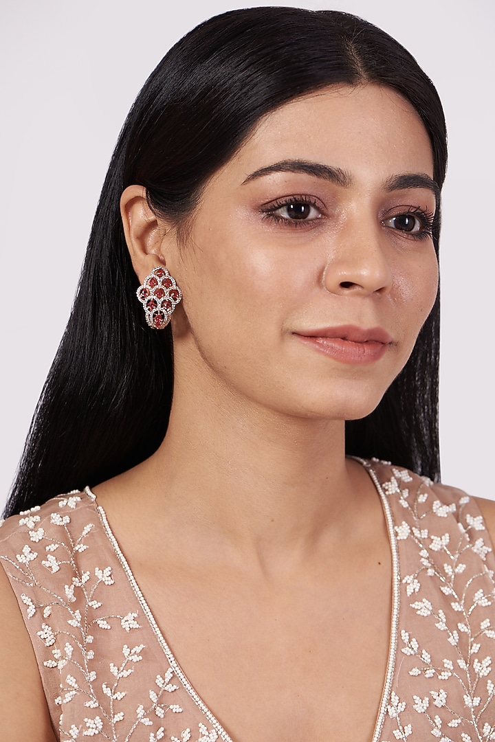 Rose Gold Finish Red Synthetic Stone Hoop Huggies Earrings by Aster at Pernia's Pop Up Shop