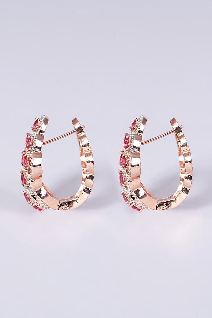 Rose Gold Finish Red Synthetic Stone Hoop Huggies Earrings by Aster at Pernia's Pop Up Shop