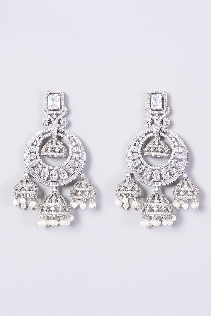 White Finish Pearl & Zircon Dangler Earrings by Aster at Pernia's Pop Up Shop