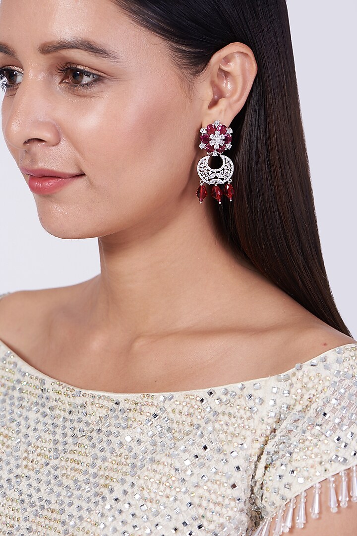 White Finish Red Synthetic Stone Dangler Earrings by Aster at Pernia's Pop Up Shop