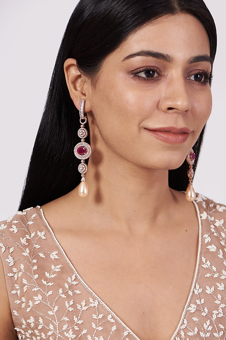 Rose Gold Finish Synthetic Stone Dangler Long Earrings by Aster at Pernia's Pop Up Shop