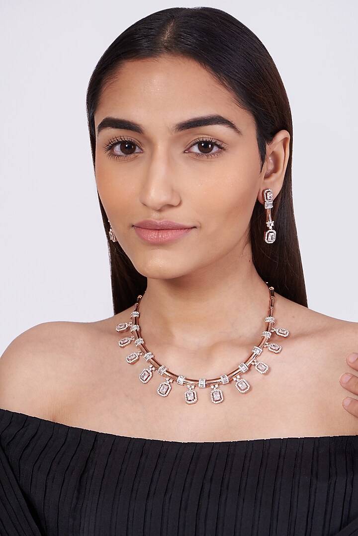 Rose Gold Finish Faux Diamond Necklace Set by Aster at Pernia's Pop Up Shop