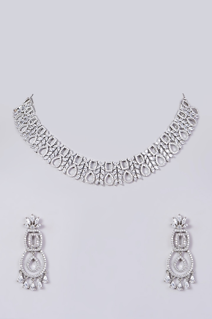 White Finish Faux Diamonds Necklace Set by Aster at Pernia's Pop Up Shop