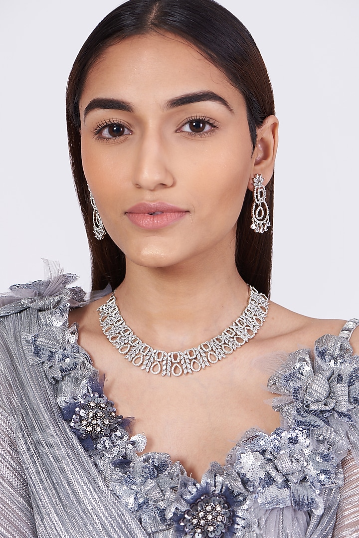 White Finish Faux Diamonds Necklace Set by Aster at Pernia's Pop Up Shop