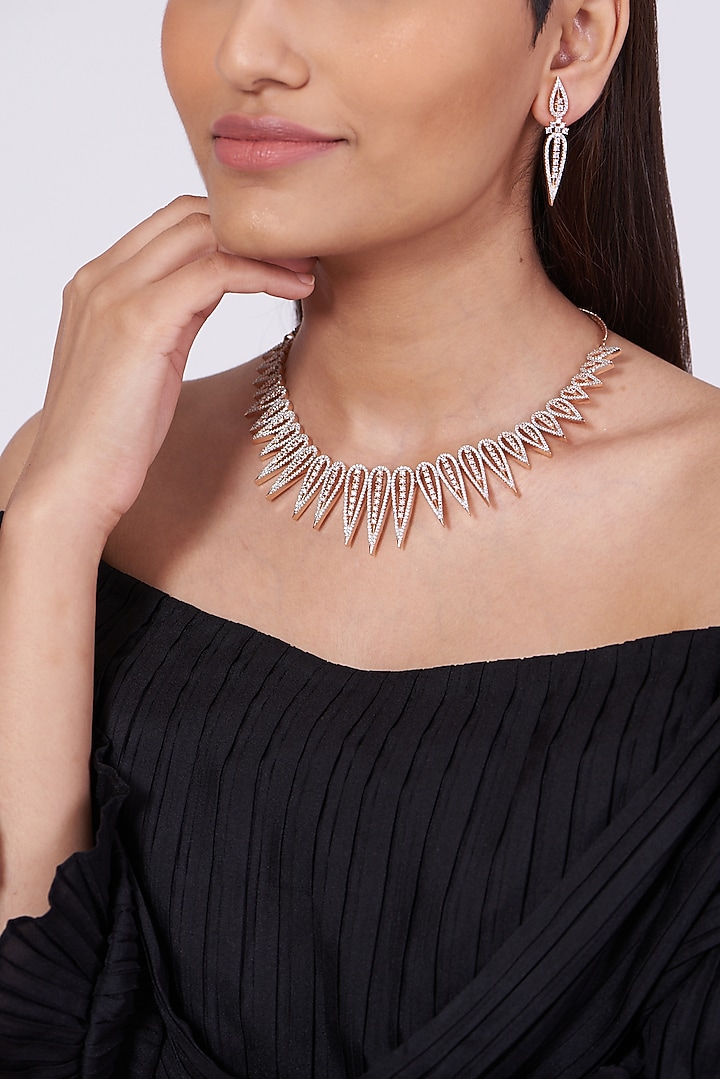Rose Gold Finish Faux Diamonds Necklace Set by Aster at Pernia's Pop Up Shop