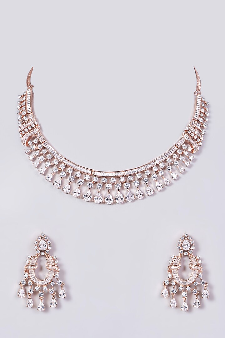 Rose Gold Finish Faux Diamonds & Zircons Necklace Set by Aster at Pernia's Pop Up Shop