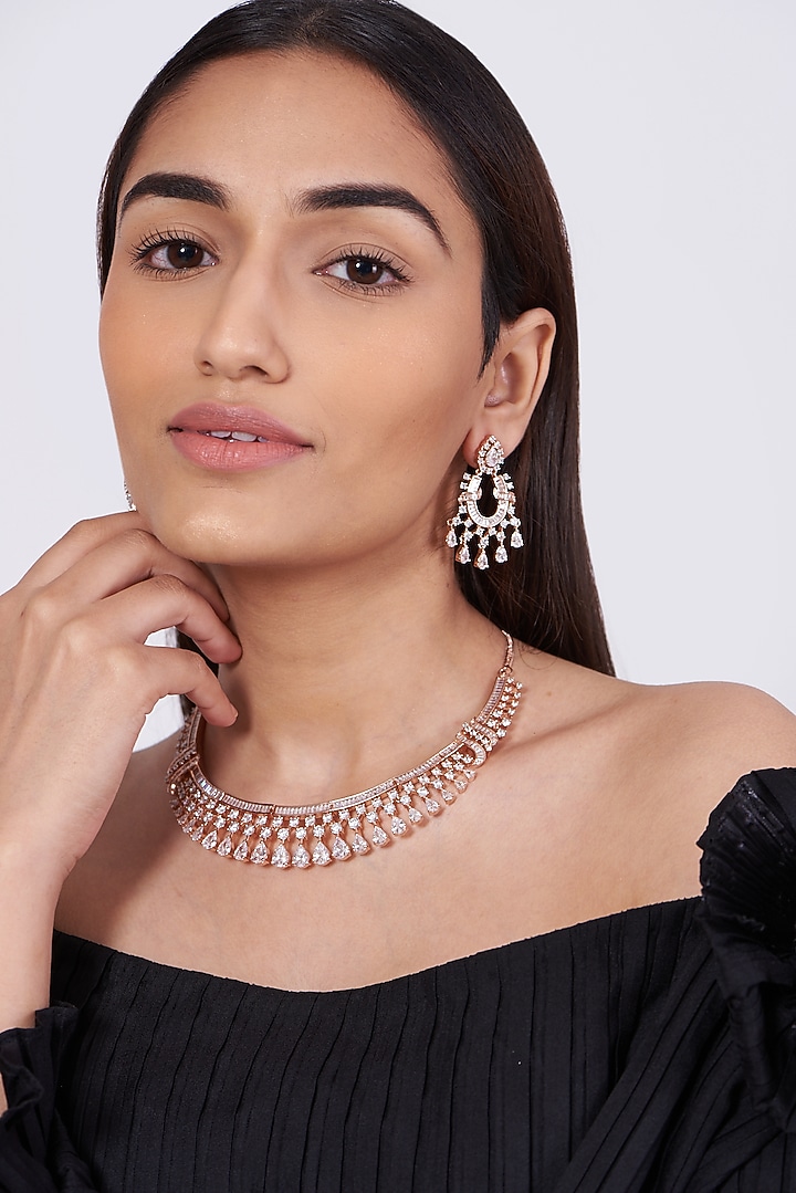 Rose Gold Finish Faux Diamonds & Zircons Necklace Set by Aster at Pernia's Pop Up Shop
