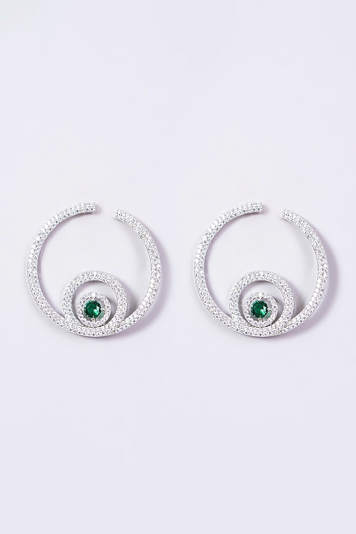 White Finish Zircon & Green Synthetic Stones Hoop Earrings by Aster at Pernia's Pop Up Shop