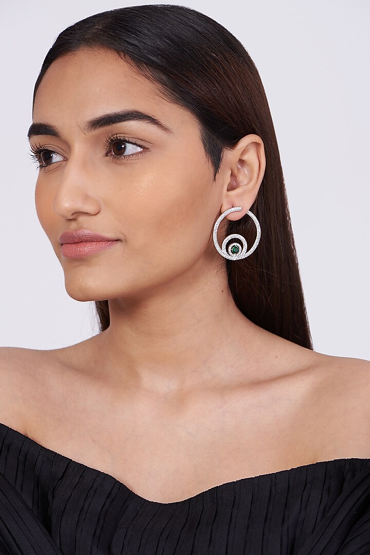 White Finish Zircon & Green Synthetic Stones Hoop Earrings by Aster at Pernia's Pop Up Shop