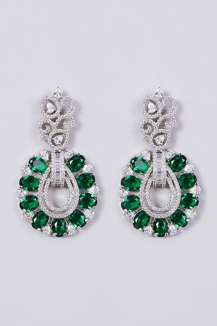 White Finish Green Synthetic Stone & Zircon Dangler Earrings by Aster at Pernia's Pop Up Shop