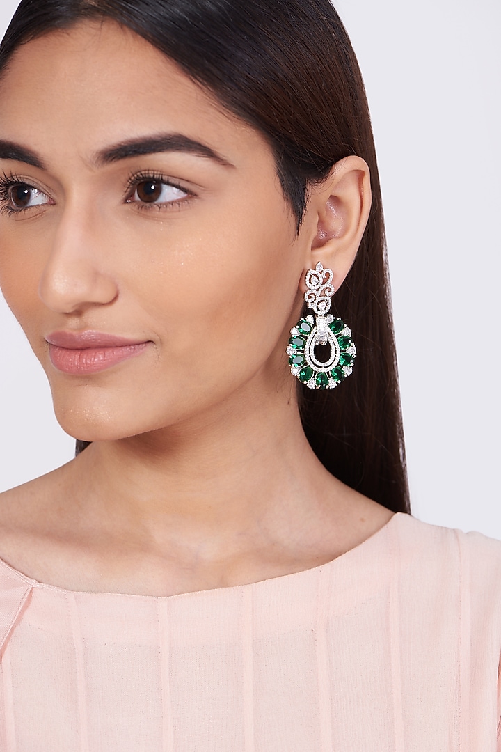 White Finish Green Synthetic Stone & Zircon Dangler Earrings by Aster at Pernia's Pop Up Shop