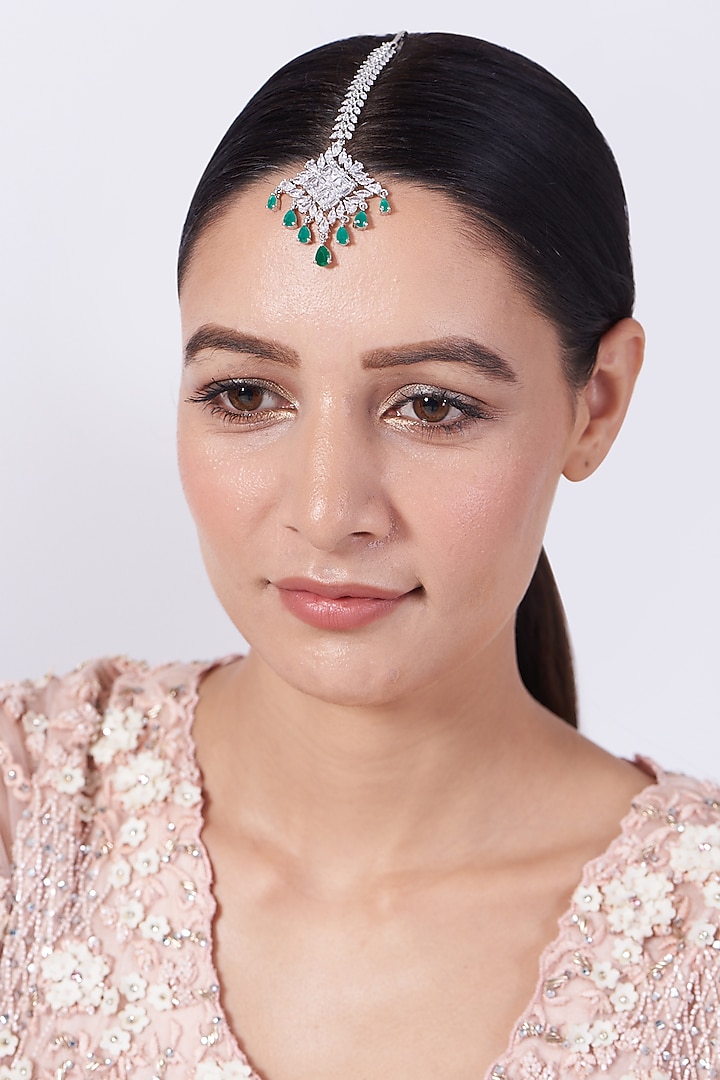 White Finish Faux Diamonds & Zircons Maang Tika by Aster at Pernia's Pop Up Shop