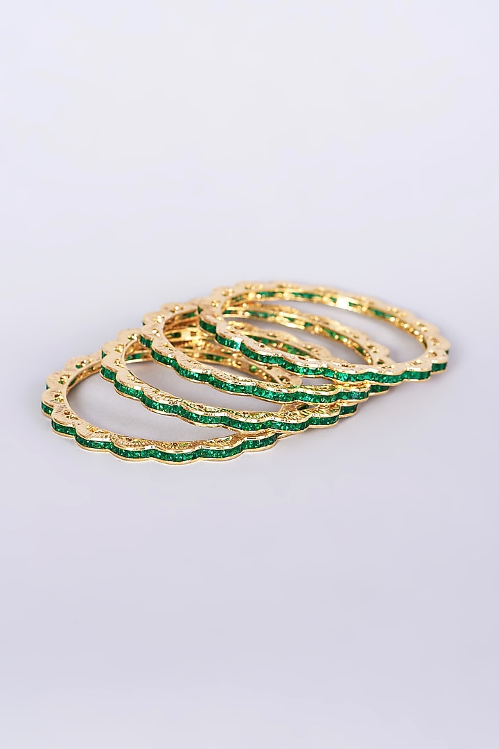 Gold Finish Green Zircon Bangles (Set of 4) by Aster at Pernia's Pop Up Shop