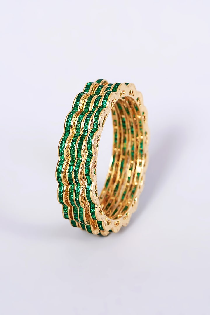 Gold Finish Green Zircon Bangles (Set of 4) by Aster at Pernia's Pop Up Shop
