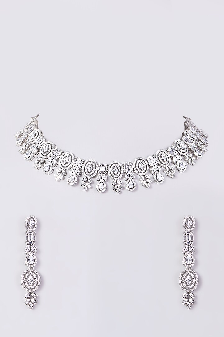 White Finish Zircons & Faux Diamond Necklace Set by Aster at Pernia's Pop Up Shop