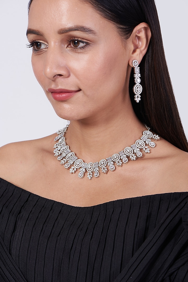 White Finish Zircons & Faux Diamond Necklace Set by Aster at Pernia's Pop Up Shop