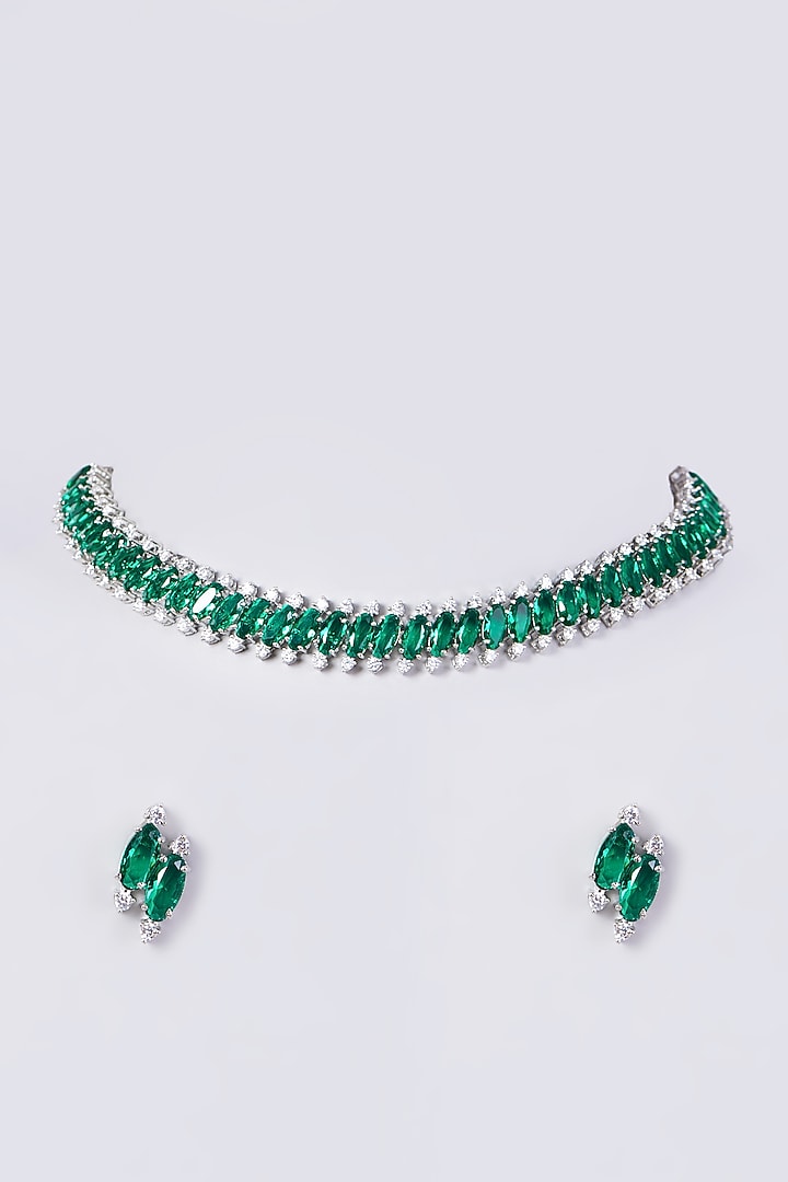 White Finish Zircon & Emerald Synthetic Stone Necklace Set by Aster at Pernia's Pop Up Shop