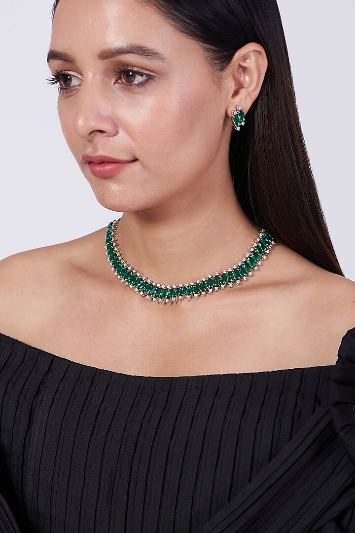 White Finish Zircon & Emerald Synthetic Stone Necklace Set by Aster at Pernia's Pop Up Shop