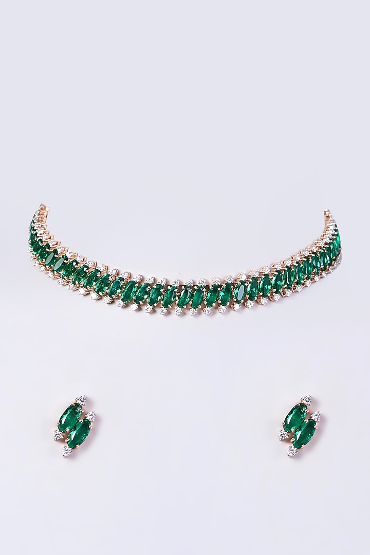 Gold Finish Zircon & Emerald Stone Necklace Set by Aster at Pernia's Pop Up Shop