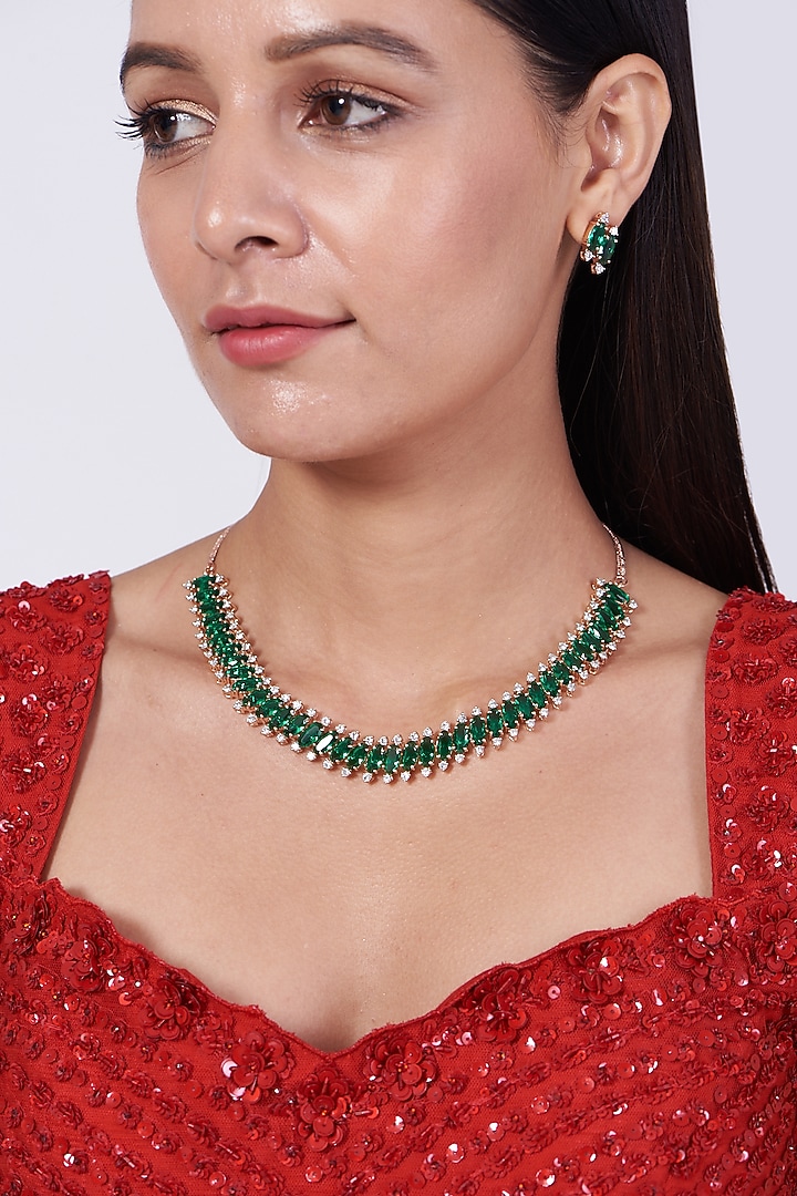 Gold Finish Zircon & Emerald Stone Necklace Set by Aster at Pernia's Pop Up Shop